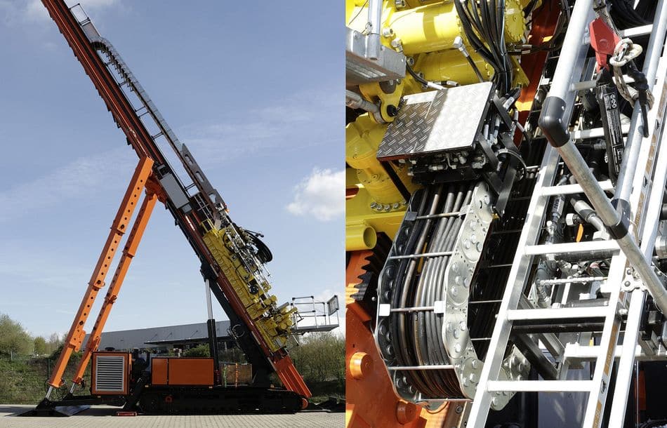 links: Horizontalbohranlagen; rechts: Die Energieführungsketten von Tsubaki Kabelschlepp sind seitlich an den Lafettenmasten angebracht und führen Hydraulikschläuche links: Horizontalbohranlage; rechts: Die Energieführungsketten von Tsubaki Kabelschlepp sind seitlich an den Lafettenmasten angebracht und führen Hydraulikschläuche